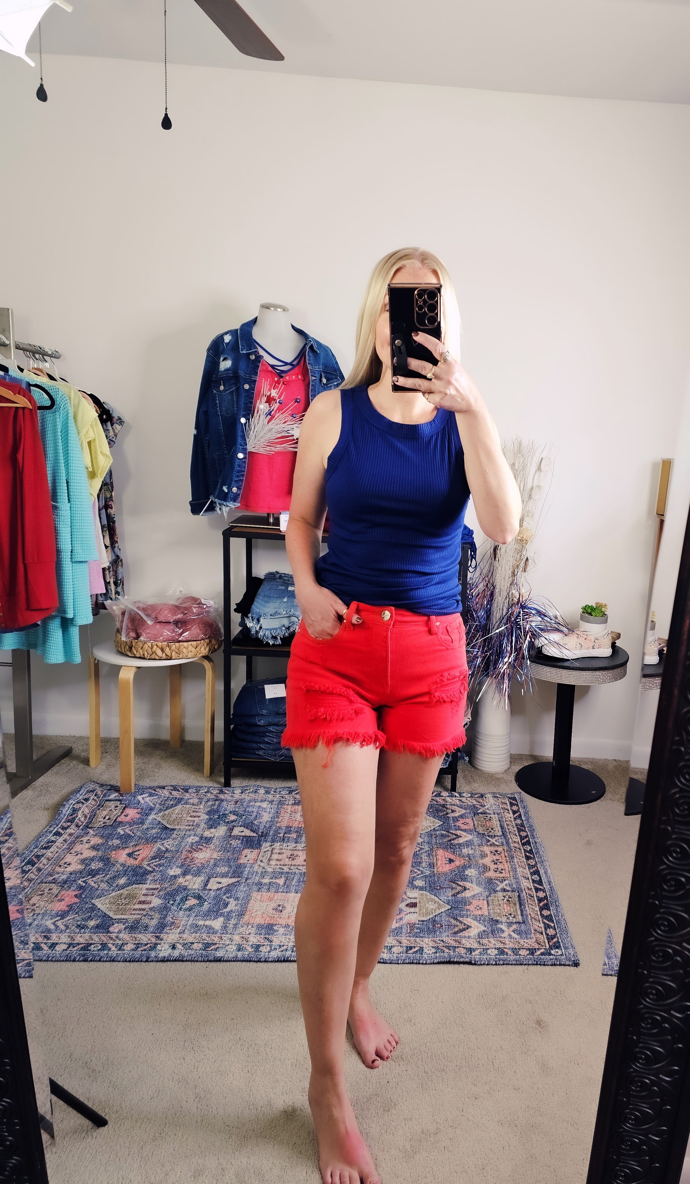 Here For The Fireworks Risen High-Rise Denim Shorts (Fiesta Red)