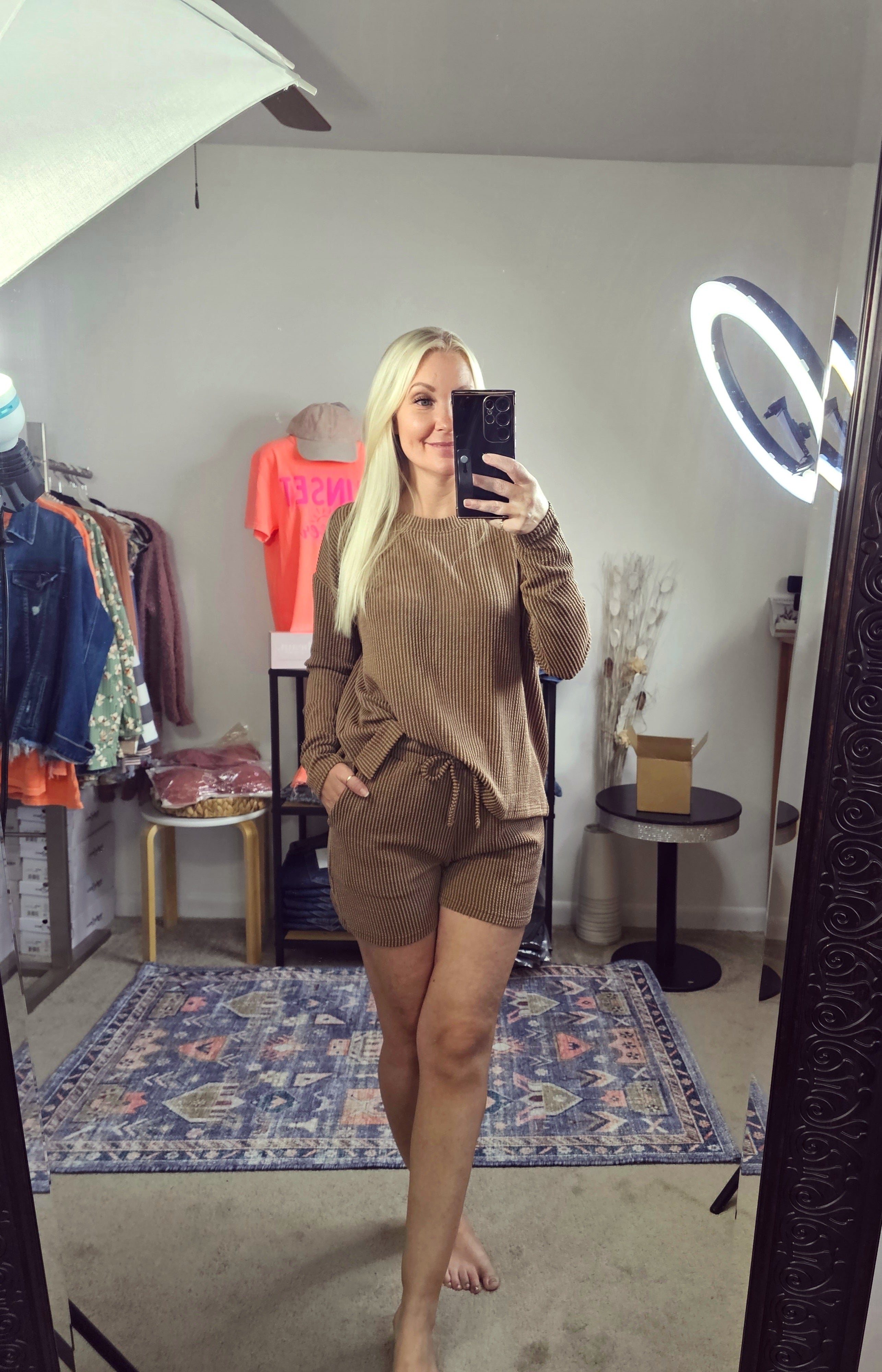 Fueled By Coffee Ribbed Set - Deep Camel