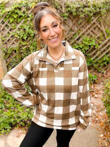 Harvest Brushed Plaid Button Up Pullover Top (Tan)