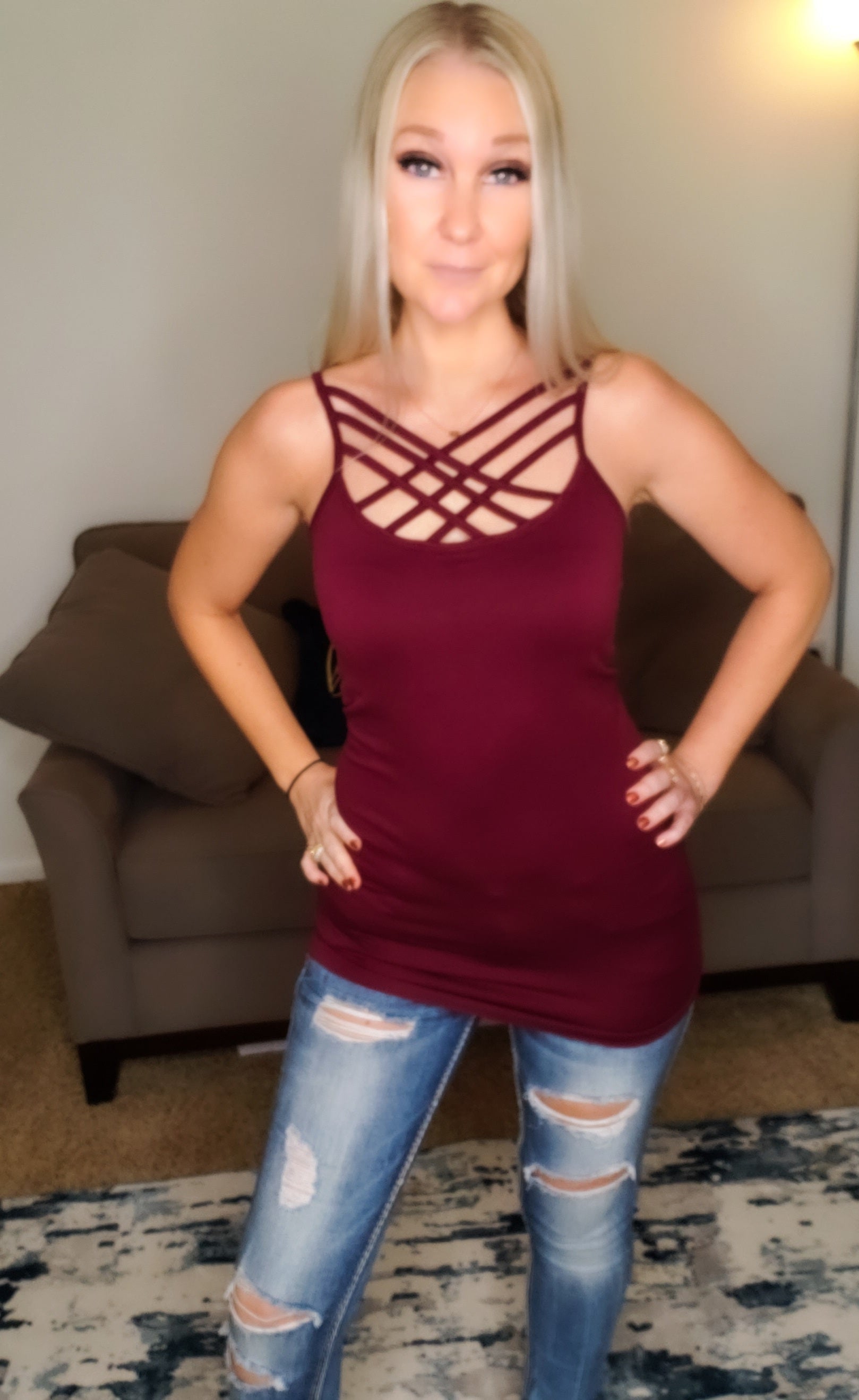 Seamless Criss-Cross Detail Cami (Burgundy)