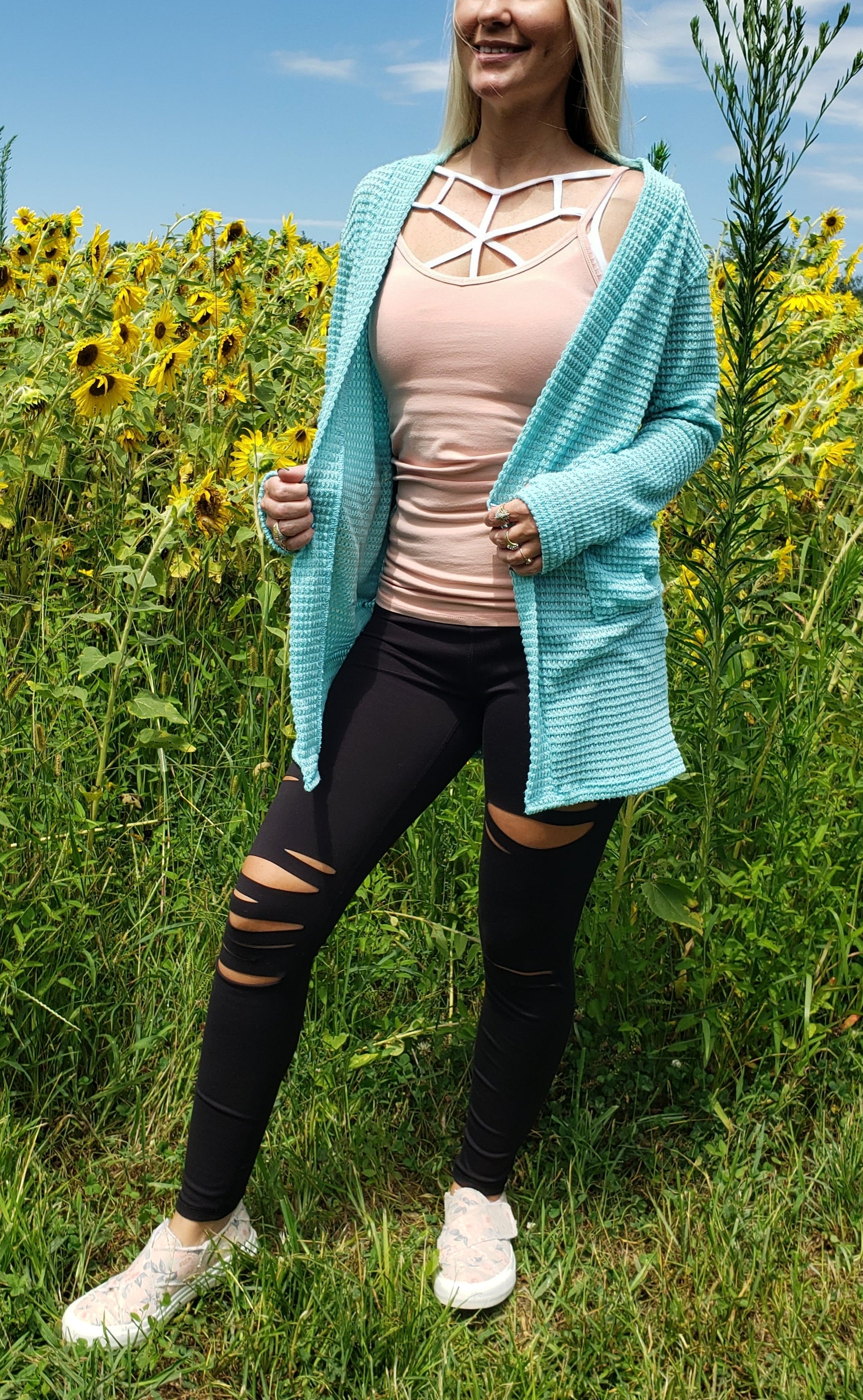 Lola Waffle Knit Cardigan (Vivid Aqua)