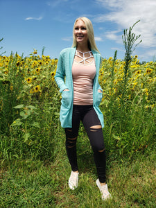 Lola Waffle Knit Cardigan (Vivid Aqua)