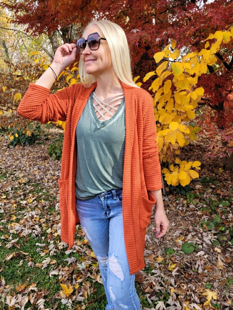 Lola Waffle Knit Cardigan (Pumpkin Spice)